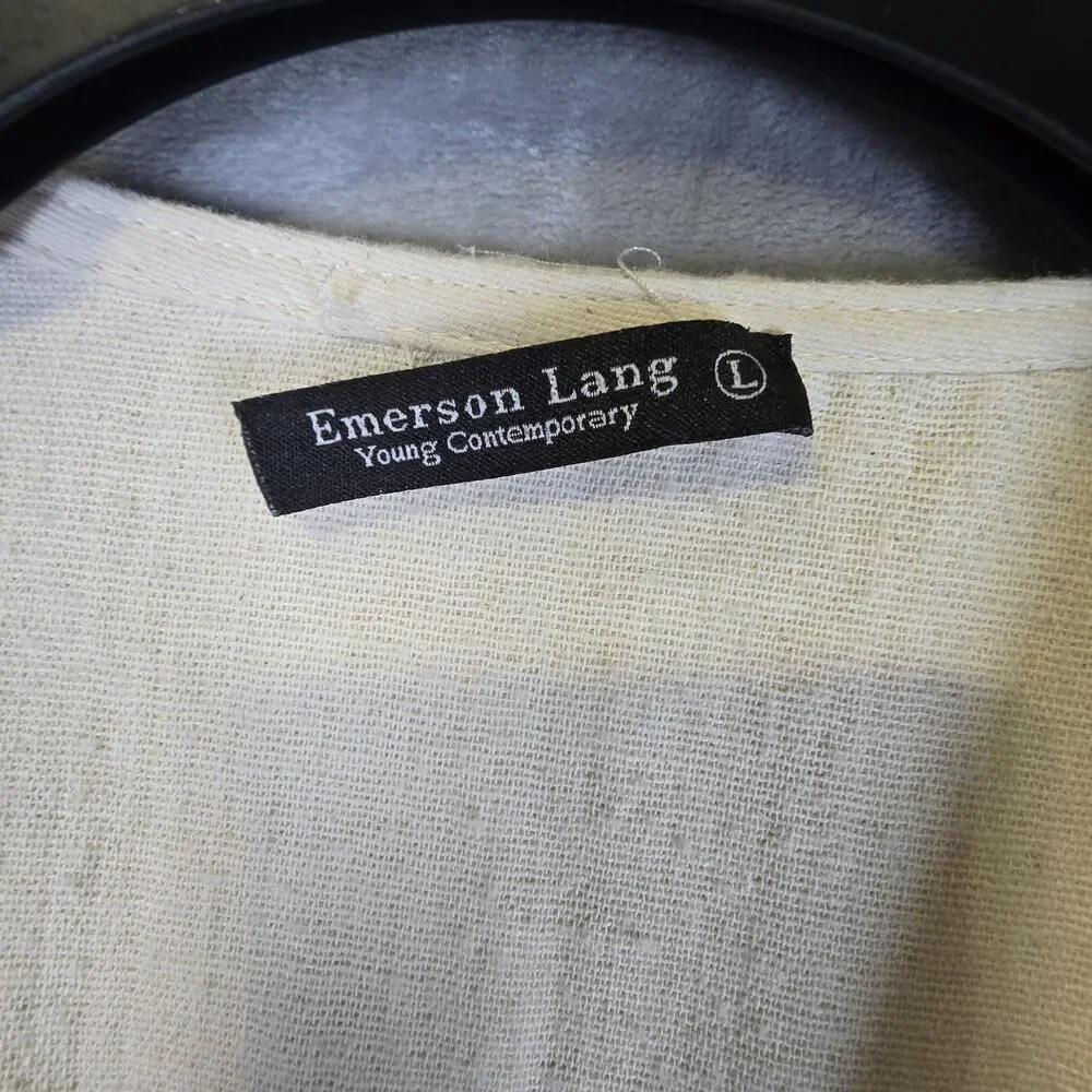 Emerson Lang Ivory Beige Cotton Boho Long Sleeve Jacket Blazer Black Tassel L